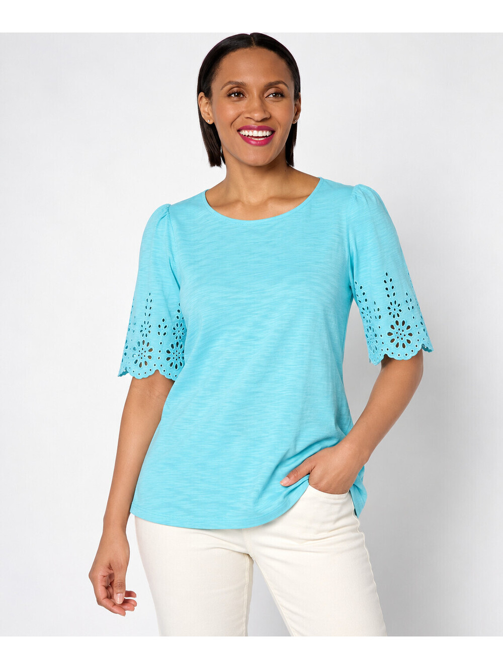 Belle by Kim Gravel Slub Knit Scallop Sleeve Boatneck Top Island Blue, Medium